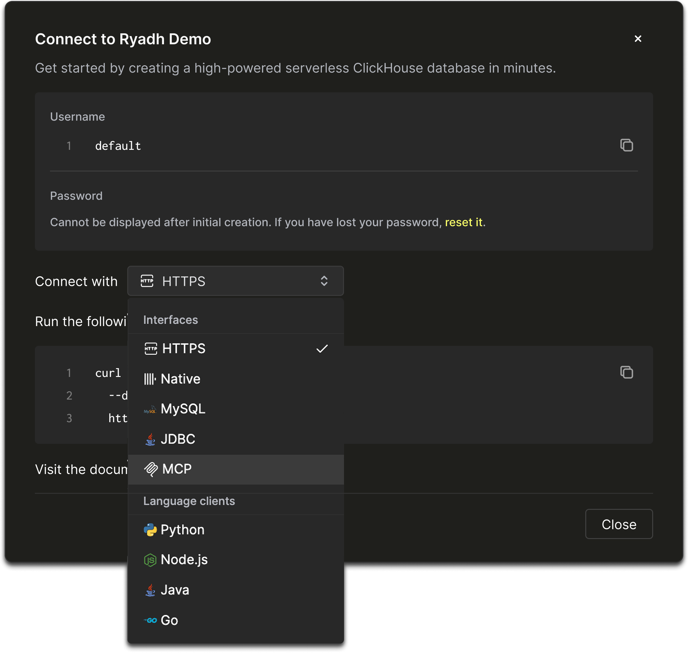 Выбор MCP в окне Connect